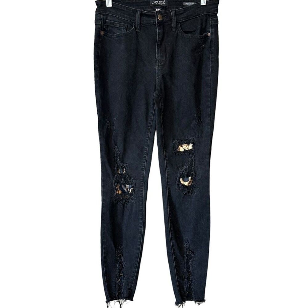 Judy Blue Black Skinny Fit Leopard Print Knee Cut Out Distressed‎ Jeans 5/ 27
